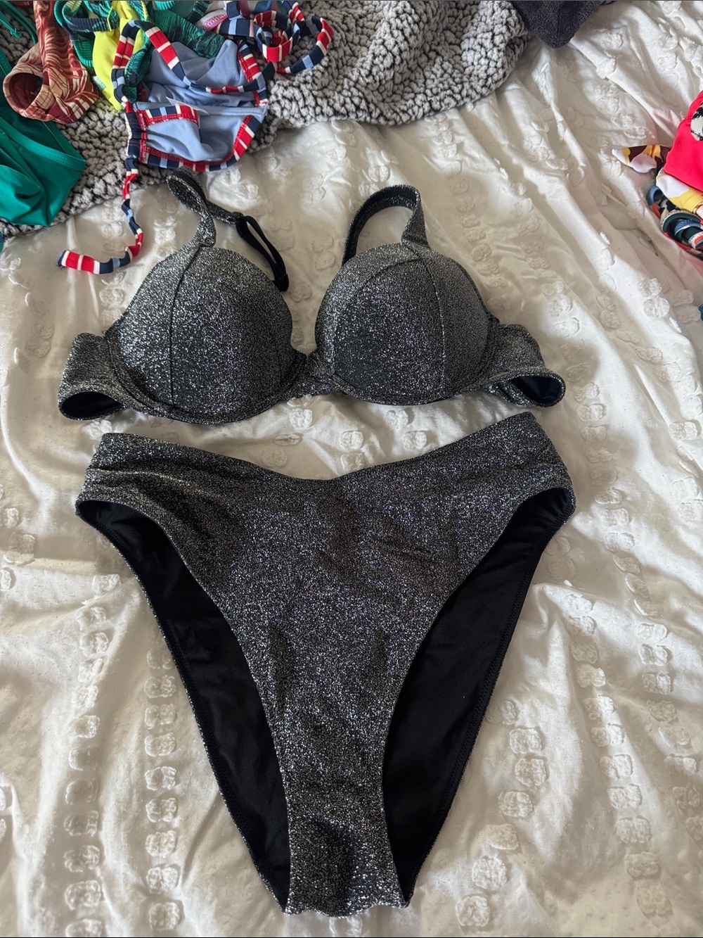 PINK Victoria's Secret Glitter Black Push-Up Bikini Set